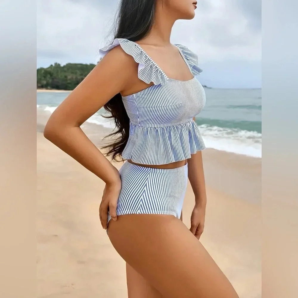 Blue & White Pinstripe Ruffle Two-Piece Bikini Set | High Waist | NWT - Picture 4 of 4
